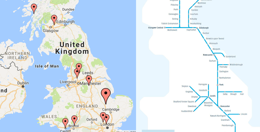 A map showing correlation of stops and train stations on the East Coast line in the United Kingdom